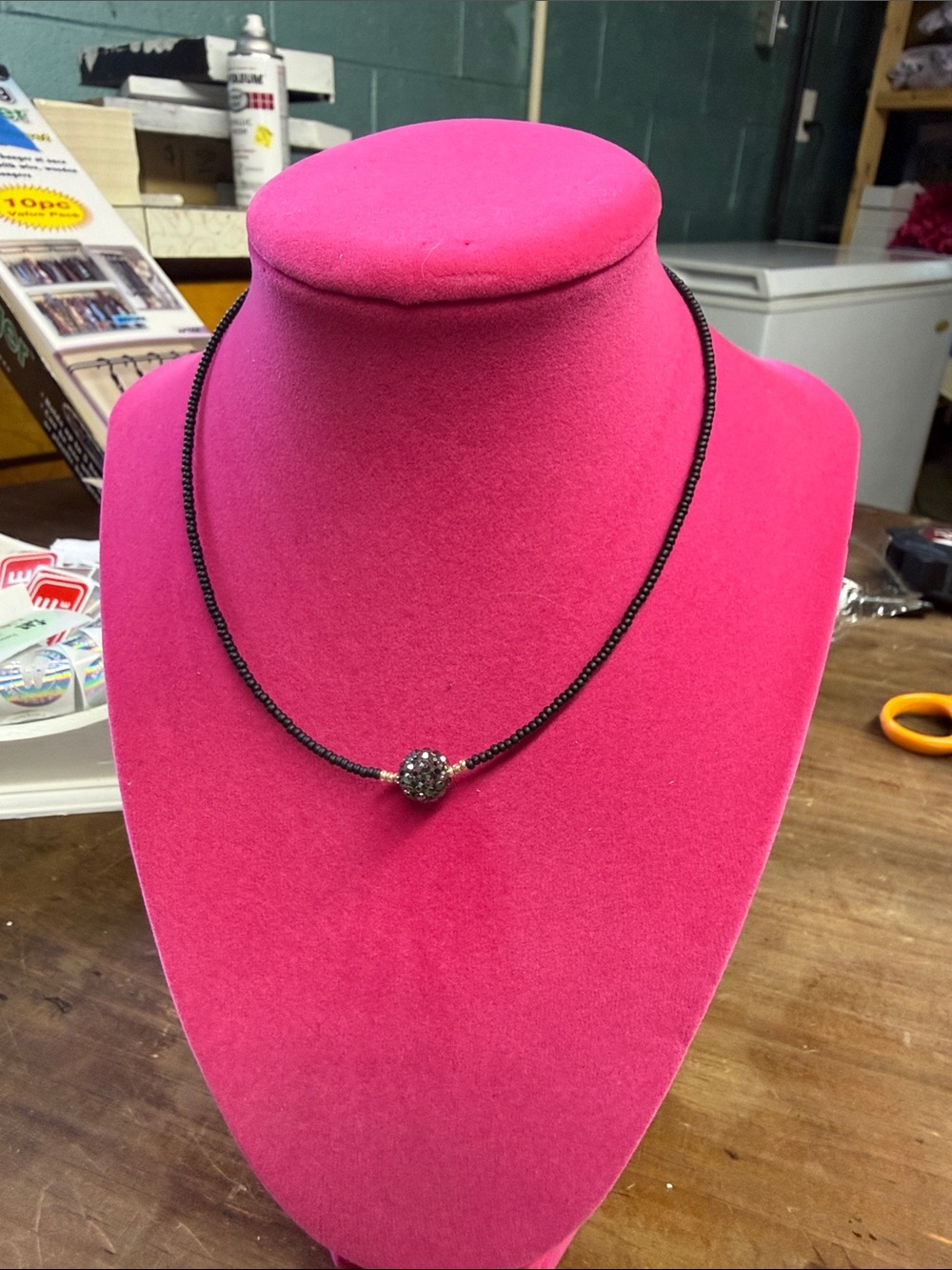 Black Beaded Necklace with Pave Ball Accent